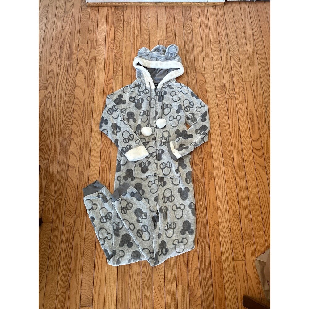 Disney Mickey Mouse onesie jumpsuit black white gray pompom hooded teens juniors - Picture 1 of 6